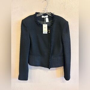 NWT MNG Black Tweed Asymmetrical Zip Up Jacket Size Large